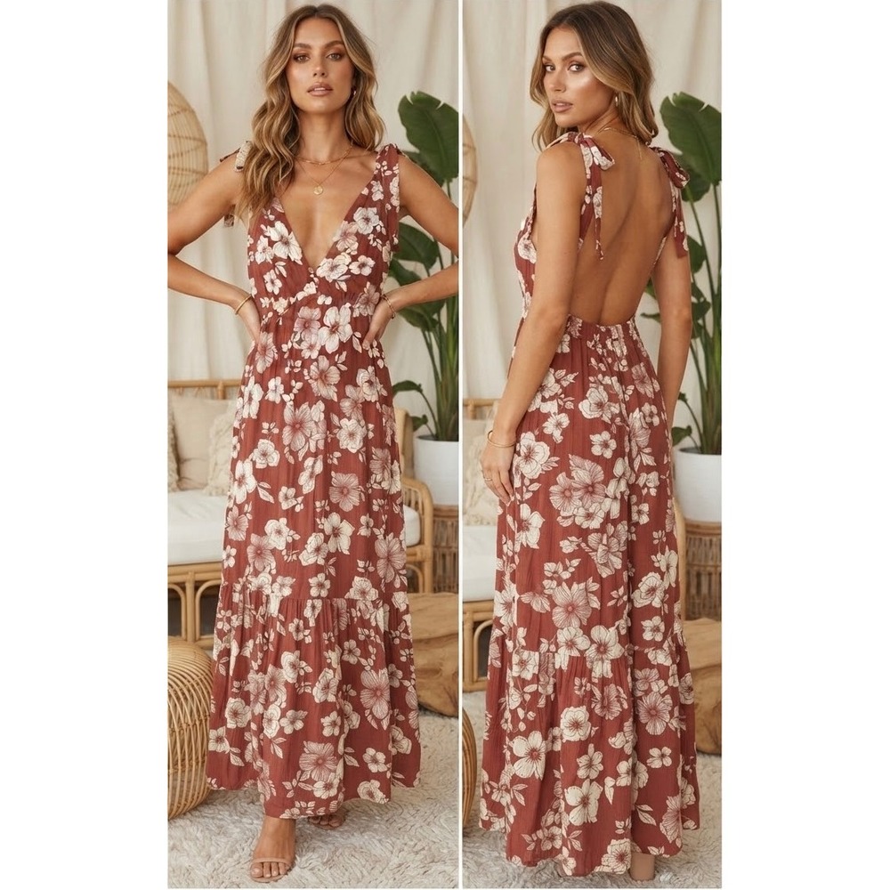 Abercrombie & Fitch Floral Maxi Dress Rust Orange Tie Shoulder Open Back Small